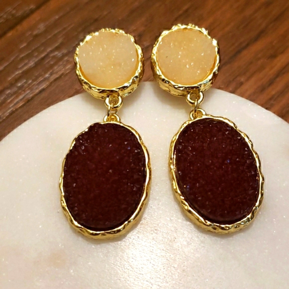 New Gold Druzy Quarts Stones Drop Earrings - Picture 5 of 7